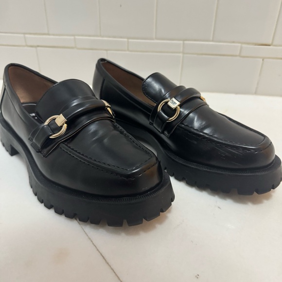 Zara Black Leather Gold Buckle Lug Sole Chunky Loafers - Picture 8 of 11